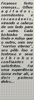 Caixa de texto: Ficamos feito crianas... Olhos agitados, sorridentes e incansveis, virando a cabea de um lado para o outro. Cada bichinho mais lindo e rolio que o outro, com seu sorriso eterno, seu plo liso e lustroso e seus olhinhos confiantes e satisfeitos. Foi uma experincia nica estar ali, a dois palmos deles...